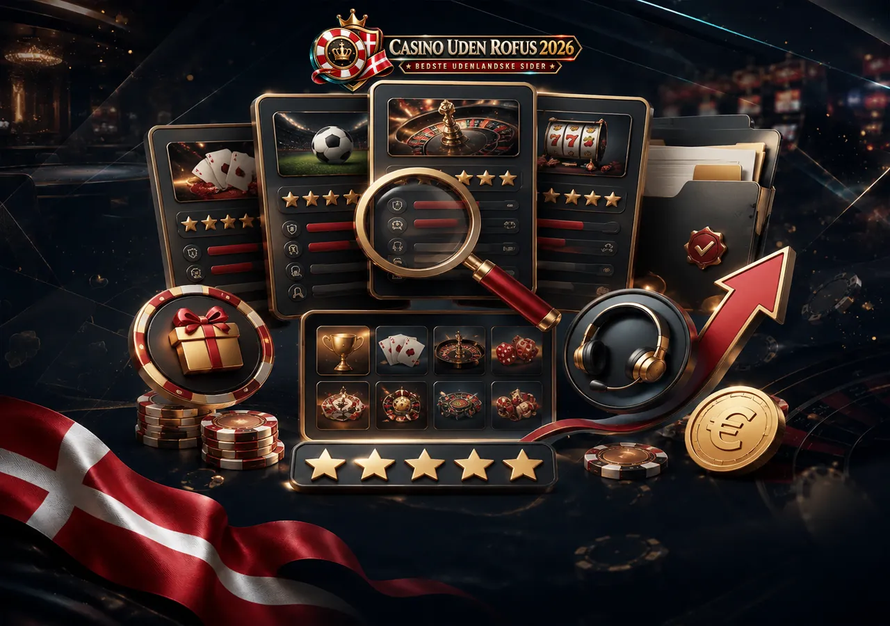 Casinoanmeldelser med vurderingskort, ratings, kontrolpunkter og spildetaljer